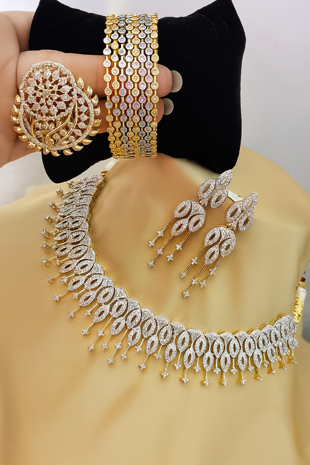luxury diamond finish necklace–bangles–ring combo set | premium partywear jewelry luxury diamond finish necklace–bangles–ring combo set | premium partywear jewelry